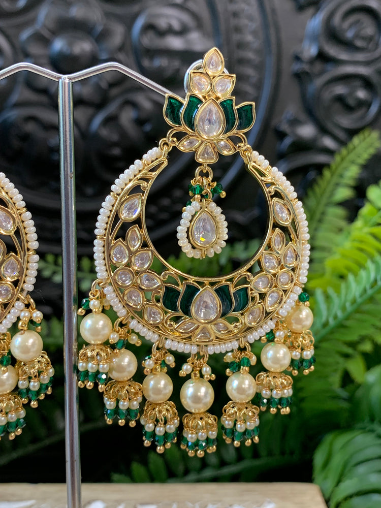 Luna Tyaani kundan Chandbali earring lotus emerald green