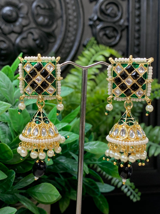 Saru kundan jhumki everyday wear small lightweight black / green