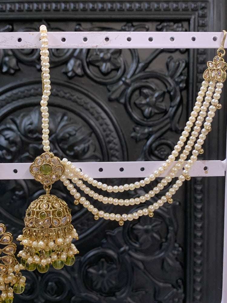 Shana triple layer bahubali sahare jhumki ear chain and matching tikka antique gold /olive green/mahendi green