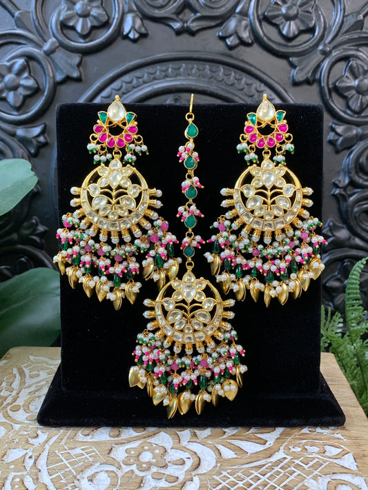 Ajra Pachi kundan earring tikka multi