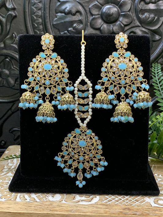 Kiana polki triple jhumki Chandbali style earring with matching tikka light blue