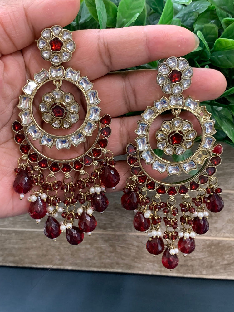 Barnavi Kundan earring red maroon burgundy crystal drops