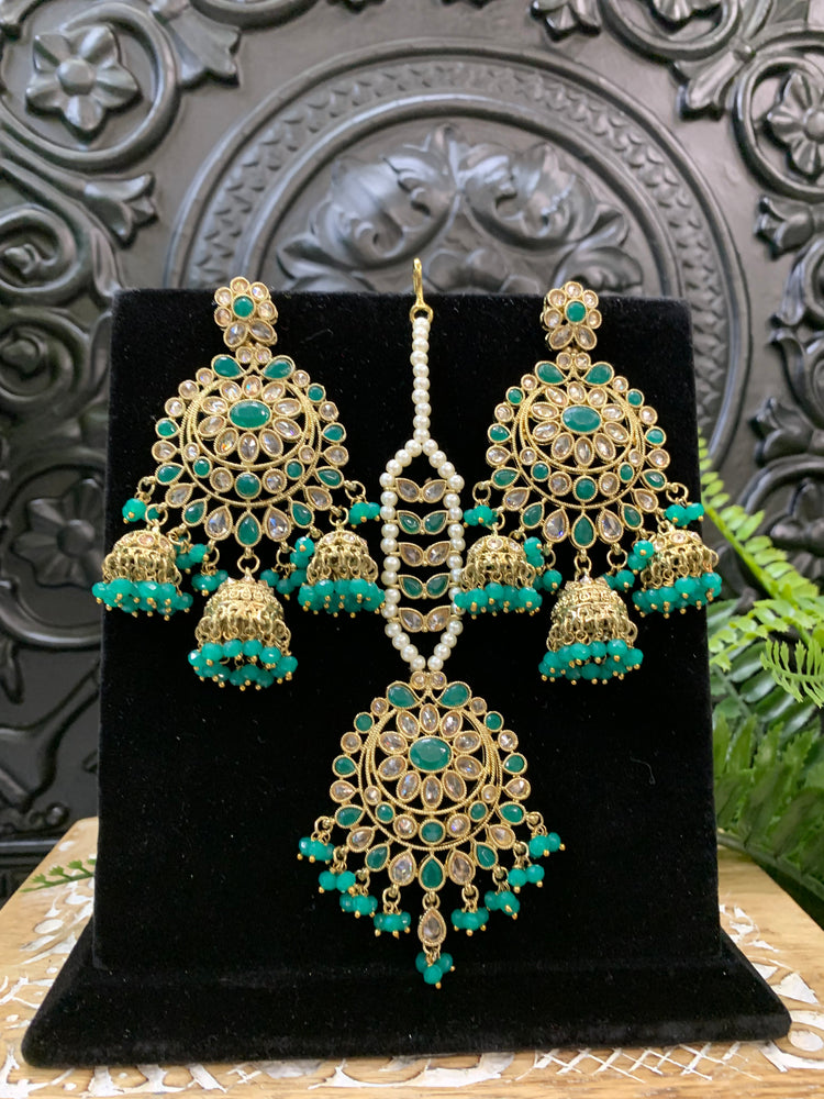 Kiana polki triple jhumki Chandbali style earring with matching tikka emerald green