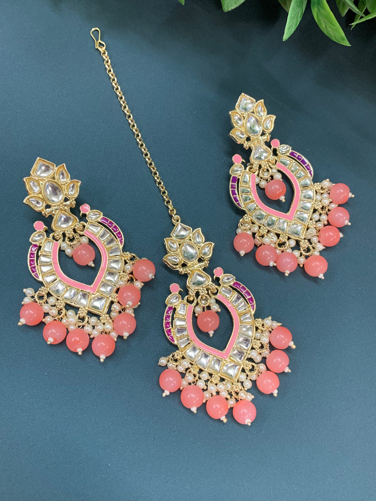 Amber kundan light weight earring tikka set grapefruit pink