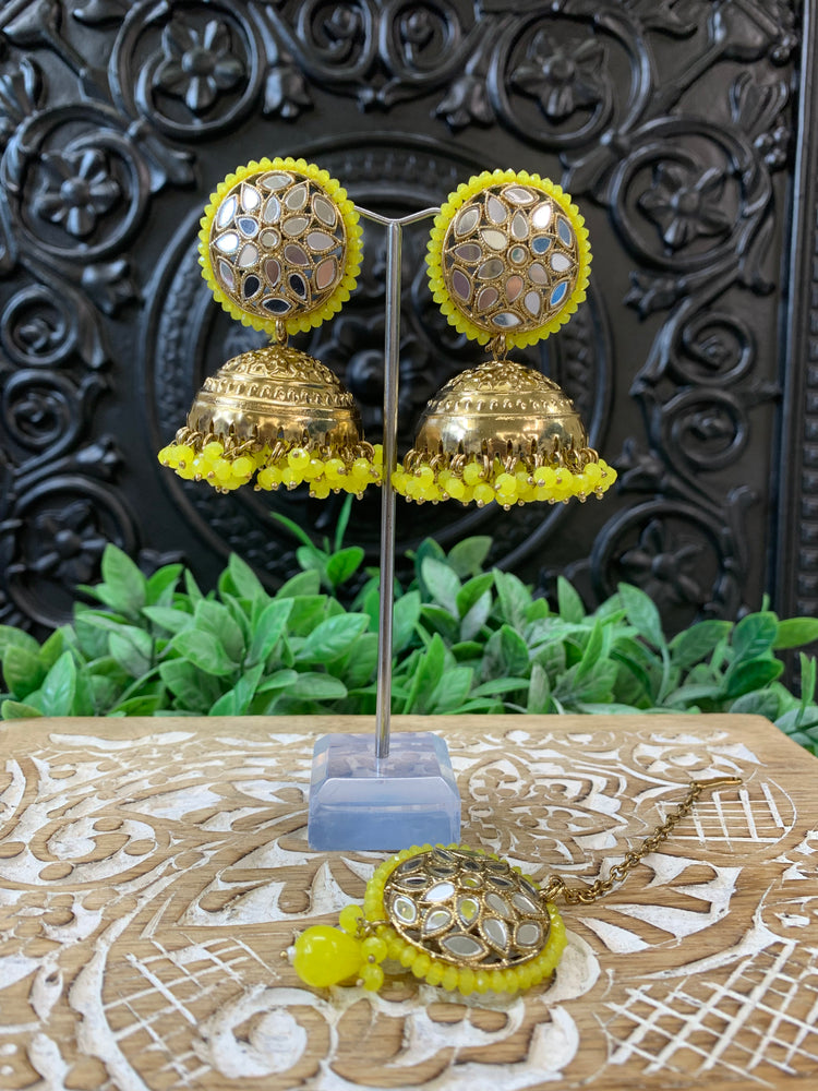 Kerry mirror jhumki tikka antique gold and pastel yellow