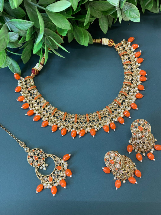 Allan polki necklace with jhumki tikka orange / Fanta orange