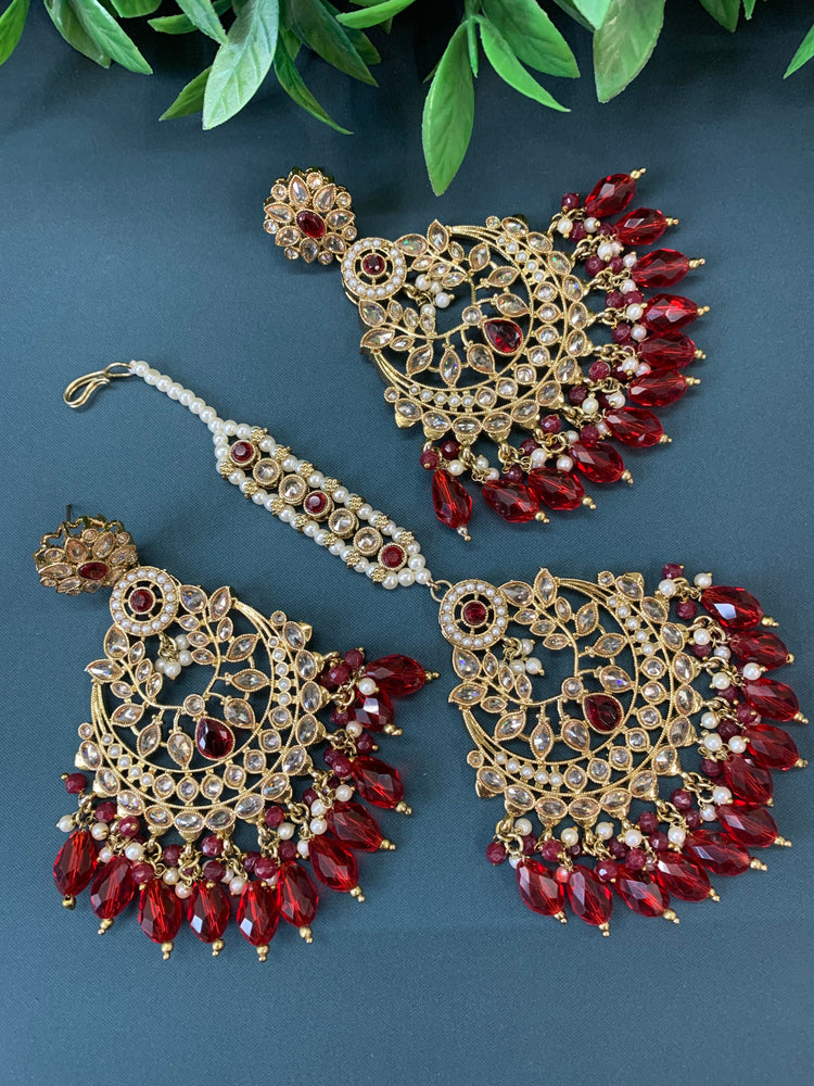 Bulbul polki statement earring tikka set antique gold/ crystal red/ blood red