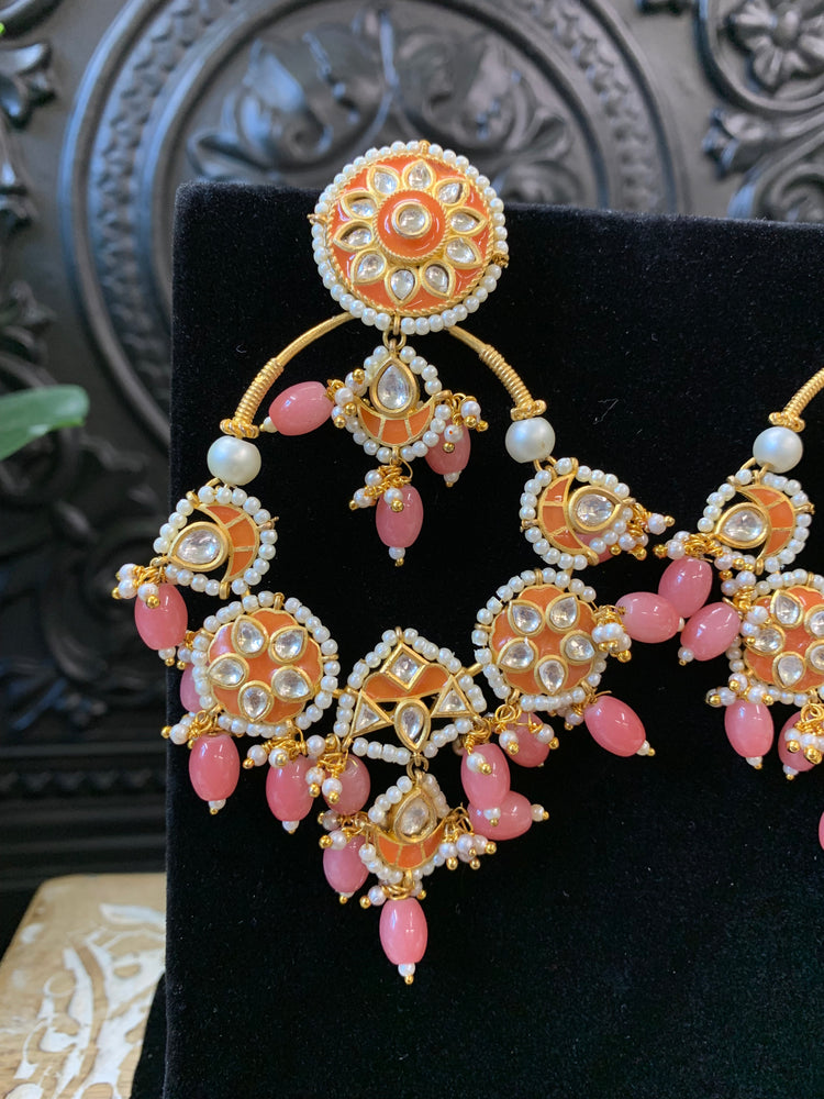 Sharaya Kundan statement earring coral orange