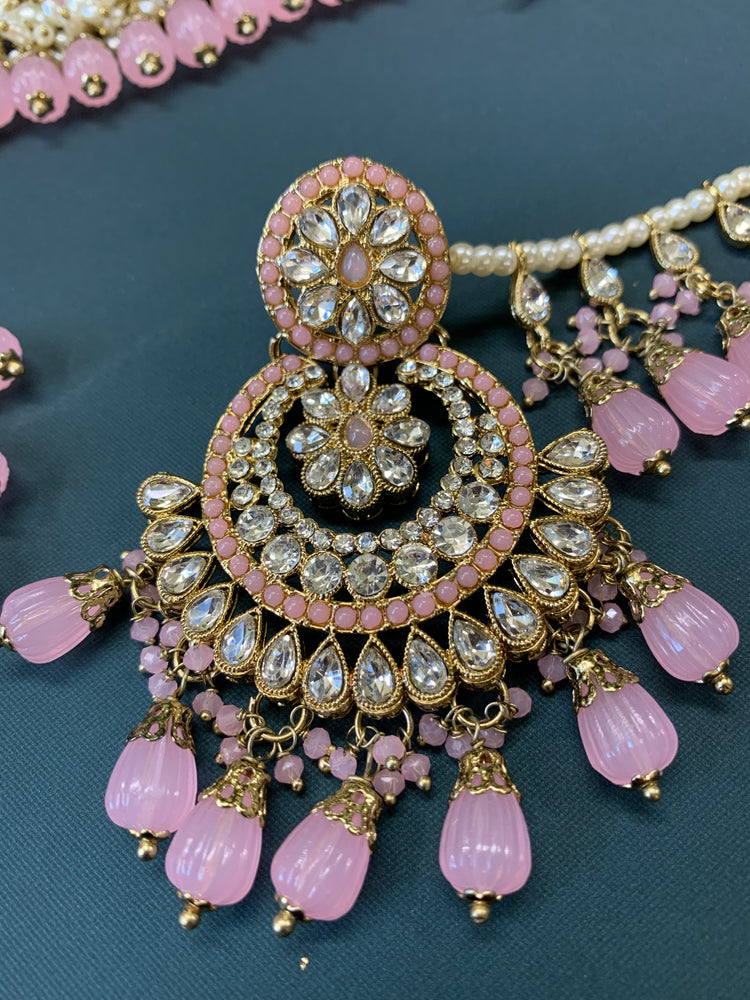 Razia choker necklace set with jhumar pink