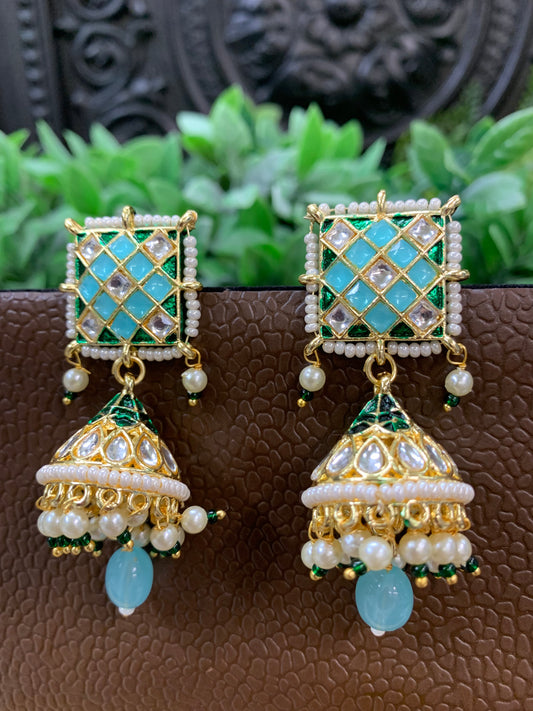 Saru kundan jhumki everyday wear small lightweight light blue