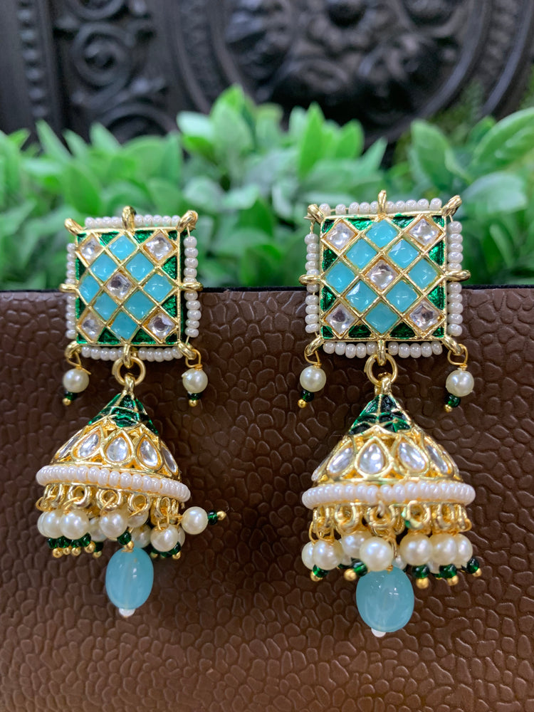 Saru kundan jhumki everyday wear small lightweight light blue