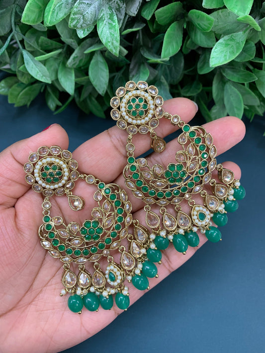 Sophia polki jhumki earring antique polk/ gold /emerald green