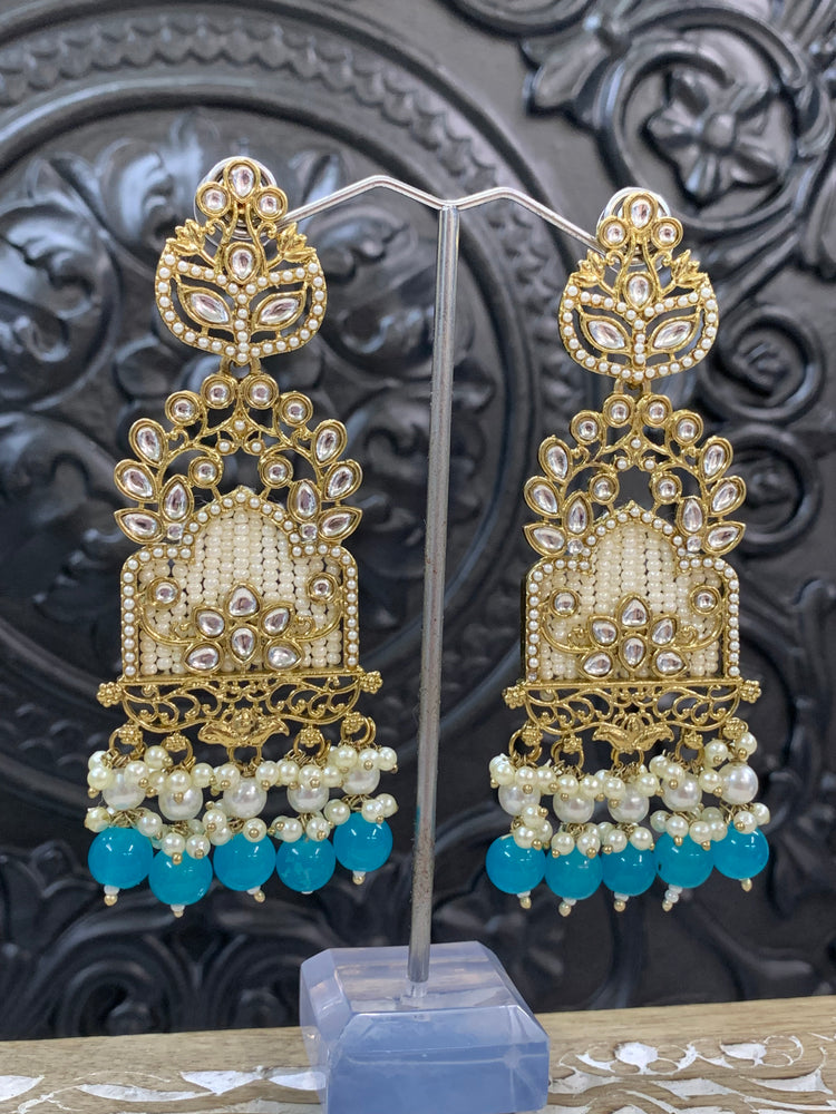 Alexa kundan statement earring white/gold/pearl/ phiroza blue