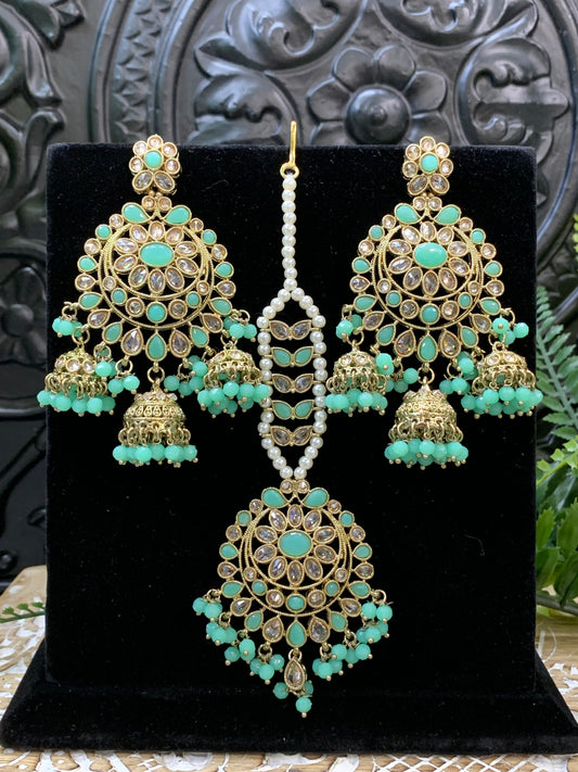 Kiana polki triple jhumki Chandbali style earring with matching tikka tea green