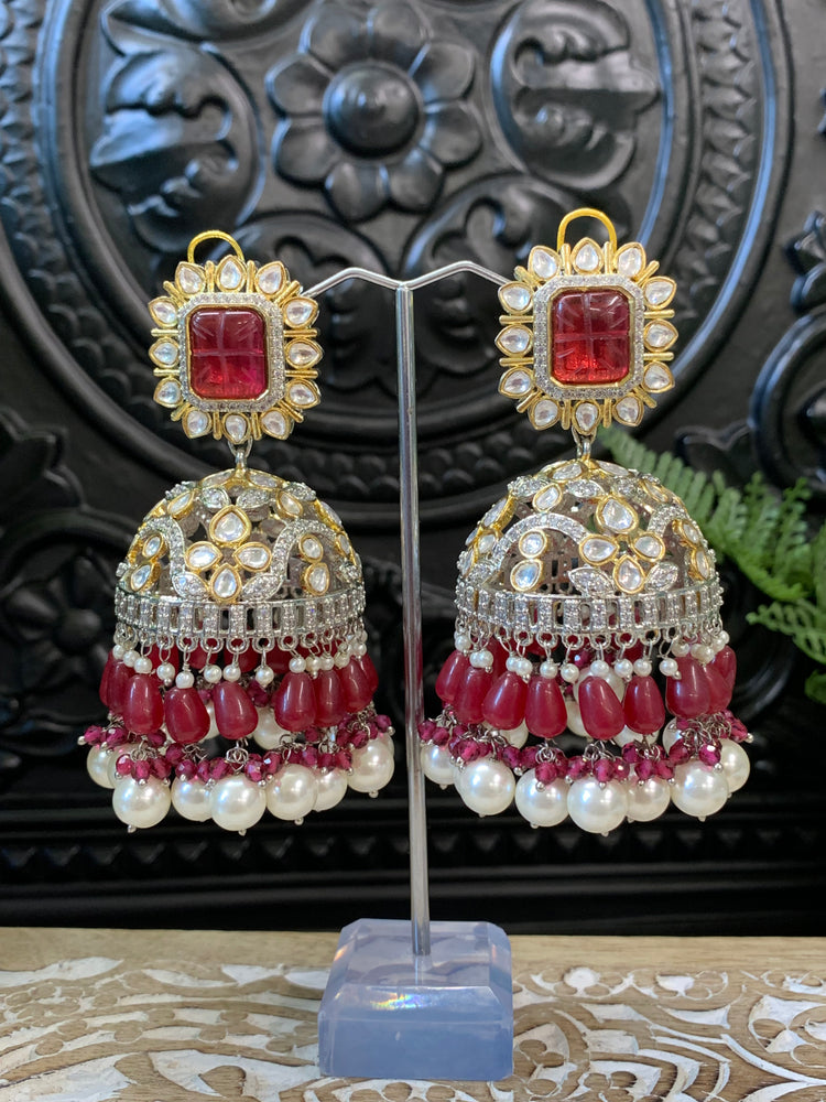 Meena kundan statement jhumka/jhumki earring red maroon burgundy