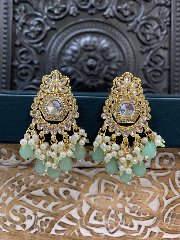 Jill gold kundan stud earring with crystal drops mint green