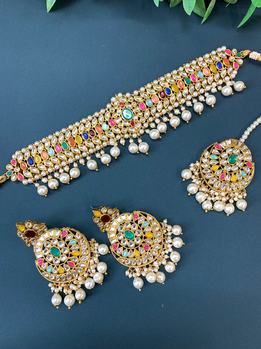 Tessa kundan choker set with matching chandbali and tikka multi