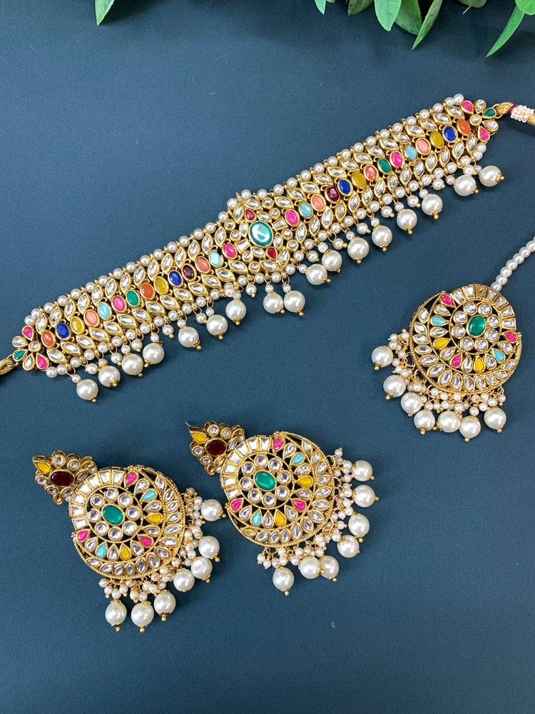 Tessa kundan choker set with matching chandbali and tikka multi