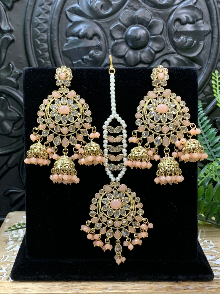 Kiana polki triple jhumki Chandbali style earring with matching tikka peach