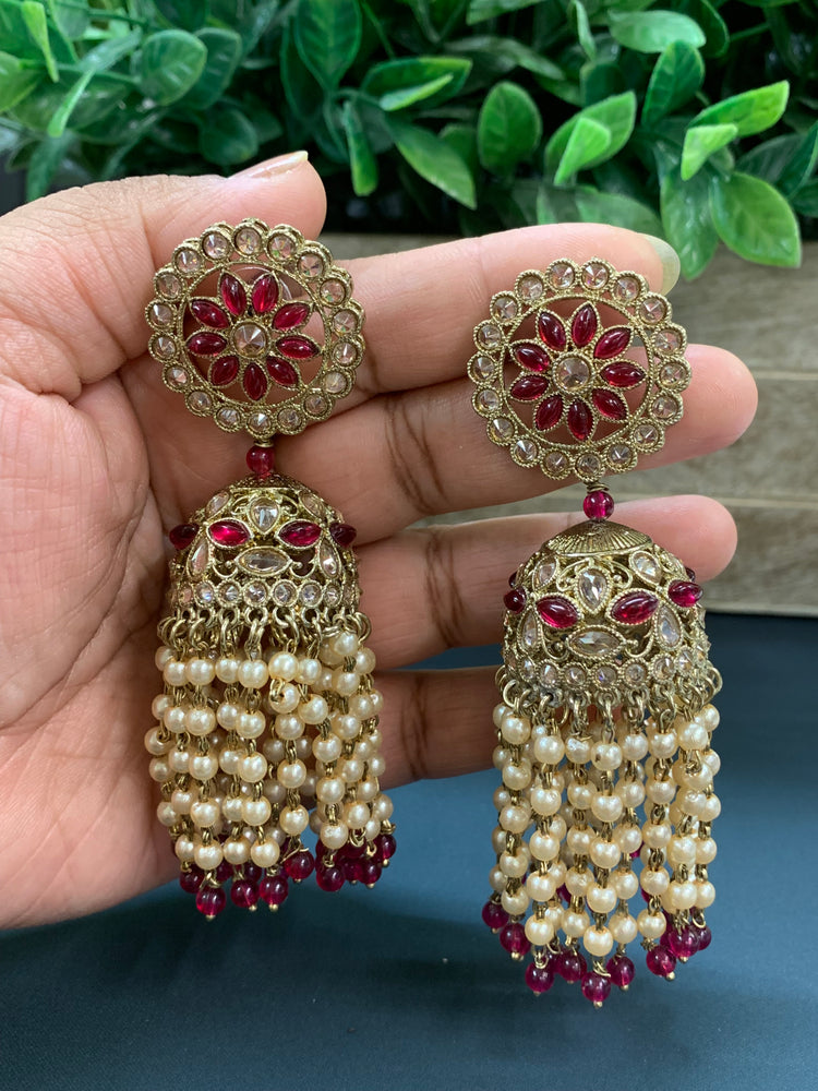 Mohua polki statement jhumki earring antique polki/ white pearl/ cherry red / pink