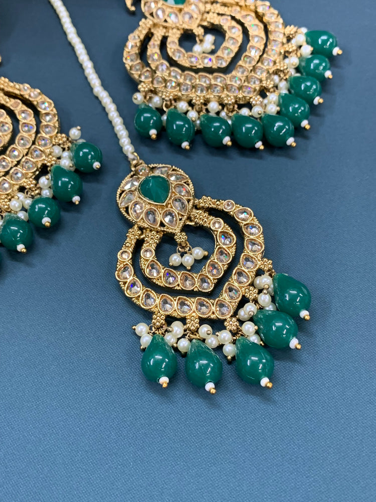 Tara polki Chandbali earring with matching tikka emerald green