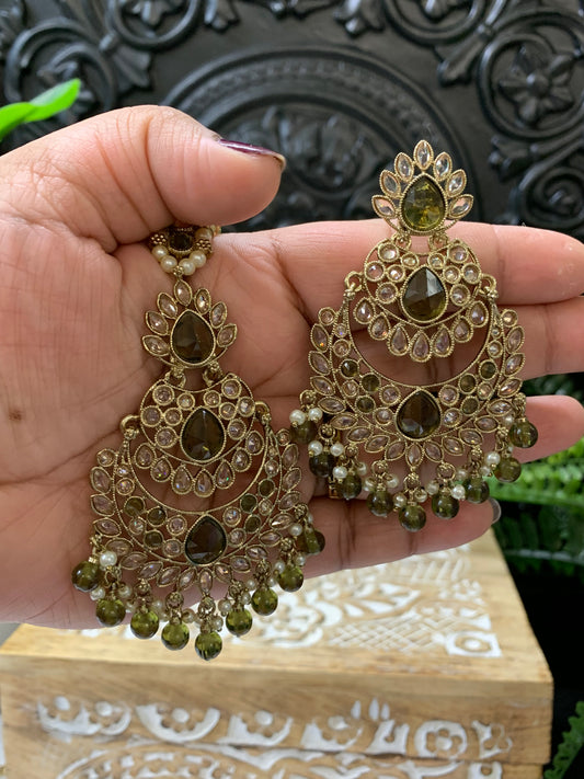 Marley reverse polki Chandbali earring tikka mahendi/olive