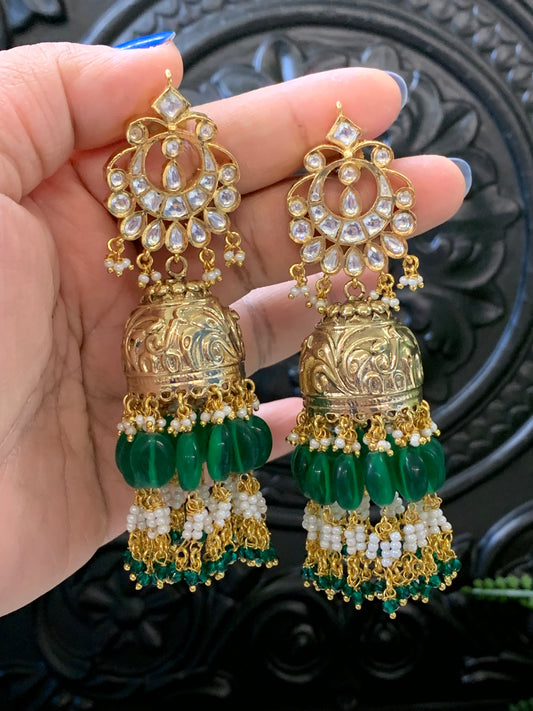 Bella moissanite kundan jhumki earring emerald green