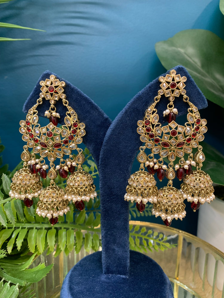 Naina polki triple jhumki earring in Maroon red/ burgundy