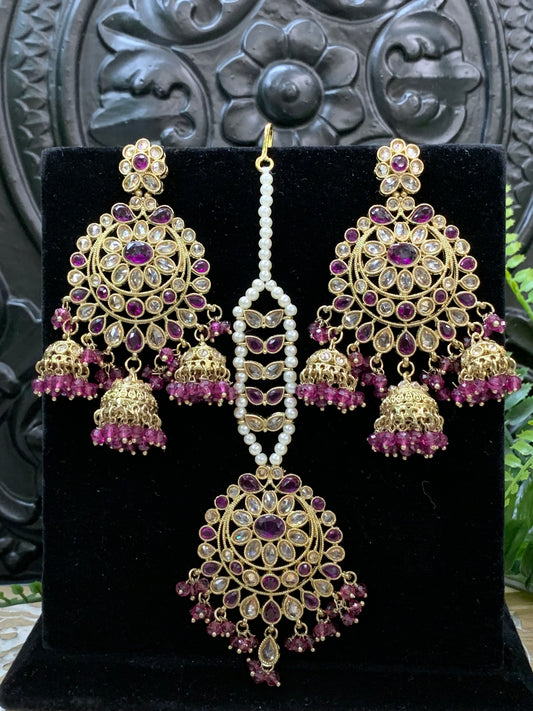 Kiana polki triple jhumki Chandbali style earring with matching tikka purple