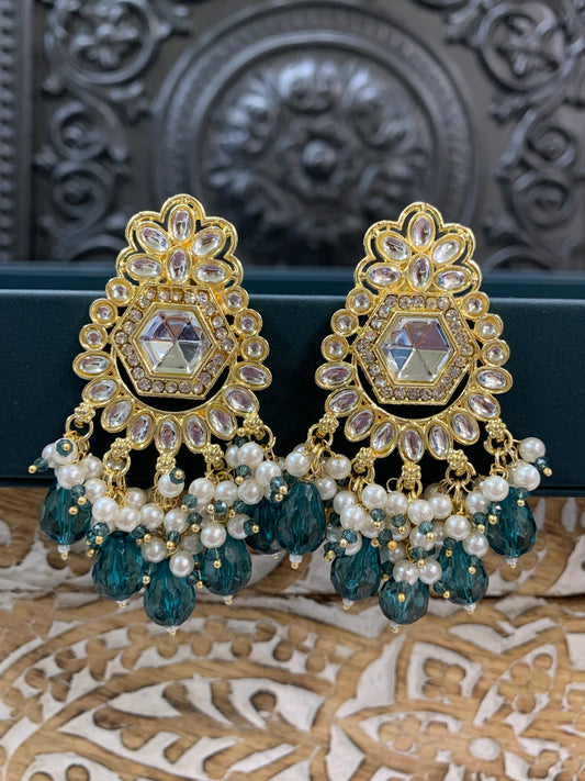 Jill gold kundan stud earring with crystal drops mint green