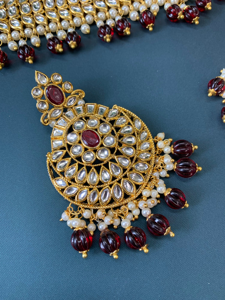 Tessa kundan choker set with matching chandbali and  tikka maroon/ burgundy