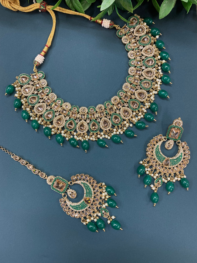 Reagan polki necklace set with matching Chandbali and tikka set gold/white/pearl/ emerald green