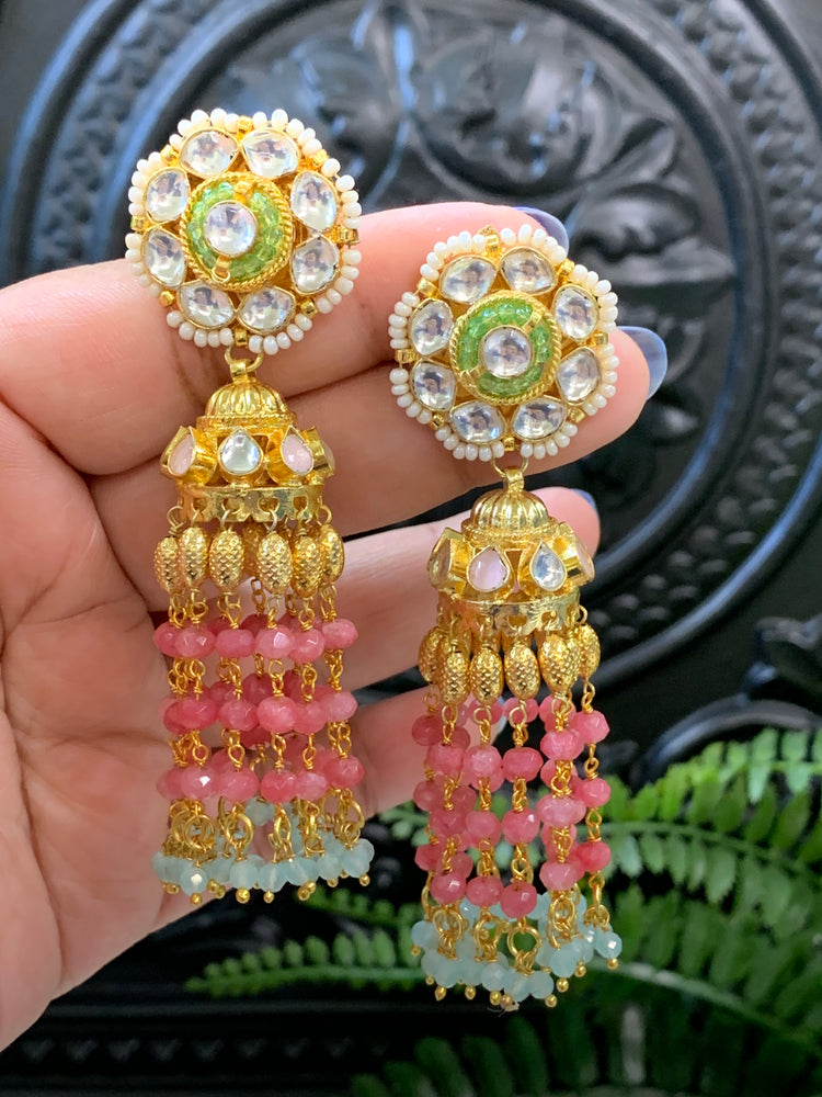 Bobi pachi kundan jhumki earring multi