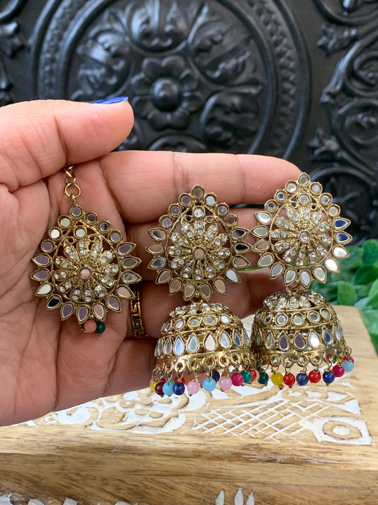 Dana mirror jhumki tikka antique gold and multi