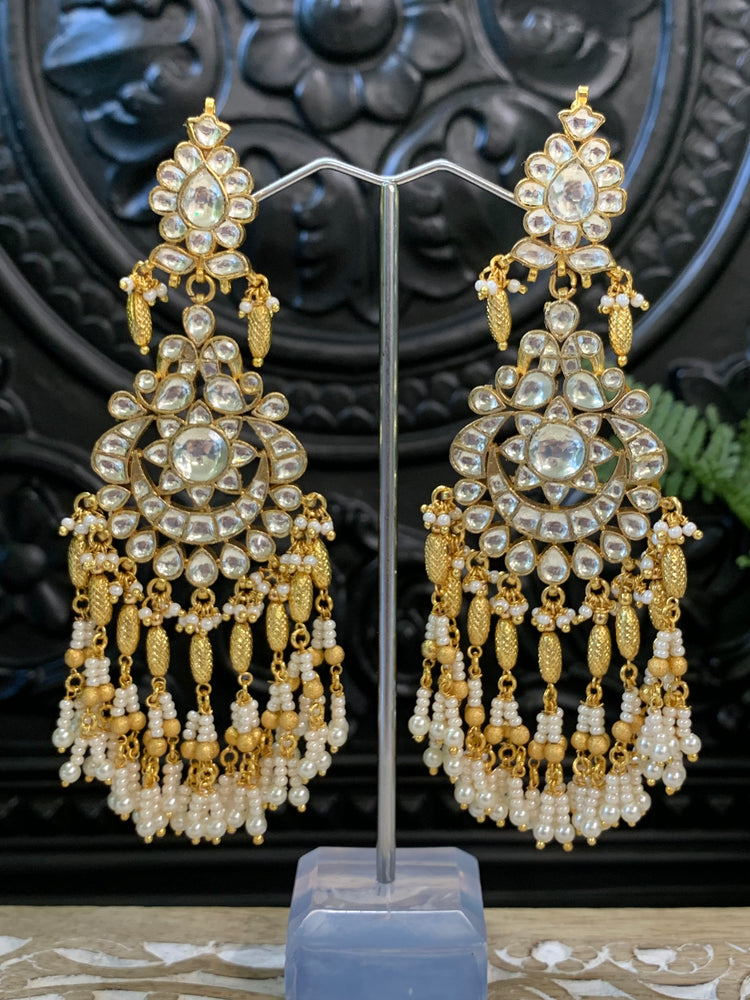 Pachi kundan statement long earring in gold and pearl