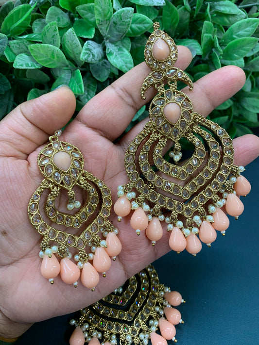 Tara polki Chandbali earring with matching tikka Thai tea coral