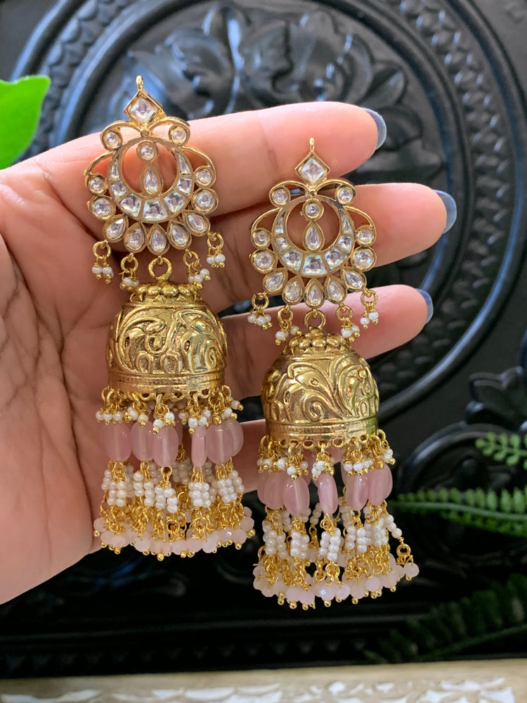 Bella moissanite kundan jhumki earring pink