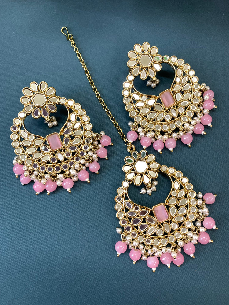 Judy chandbali mirror Tikka set pink