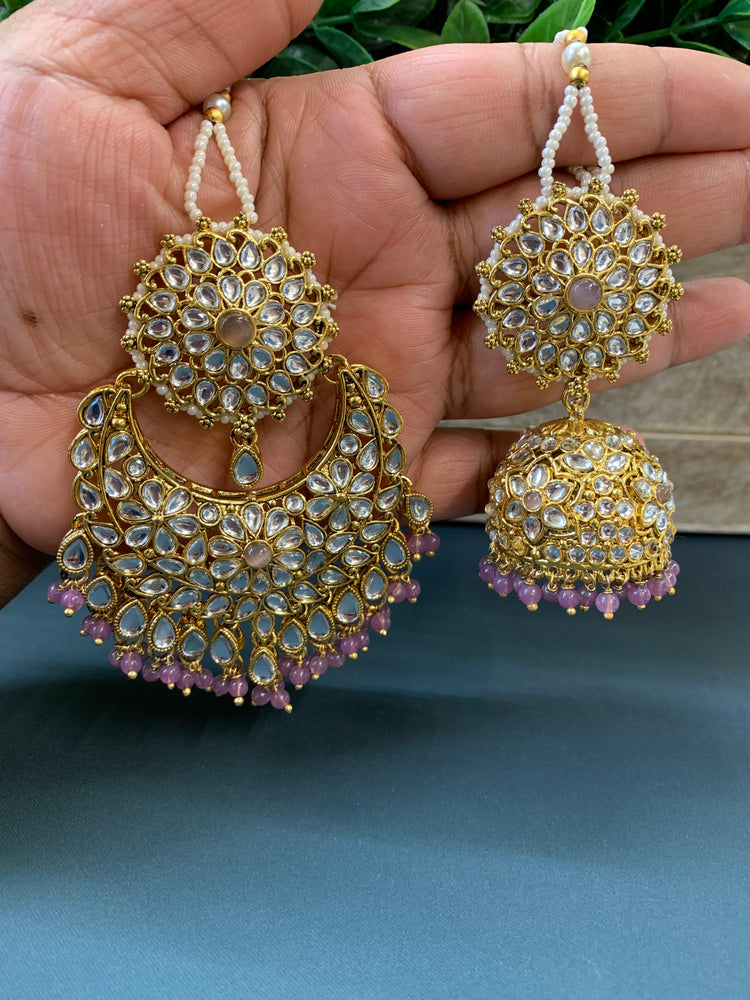 Zia traditional kundan jhumki with sahare and matching oversized tikka gold/lavender Lilac