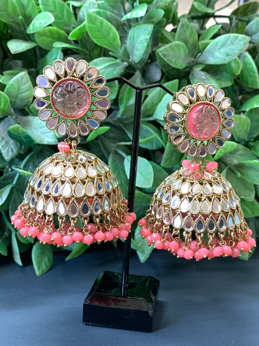 Romi mirror kundan jhumki/ jhumka earring onion pink