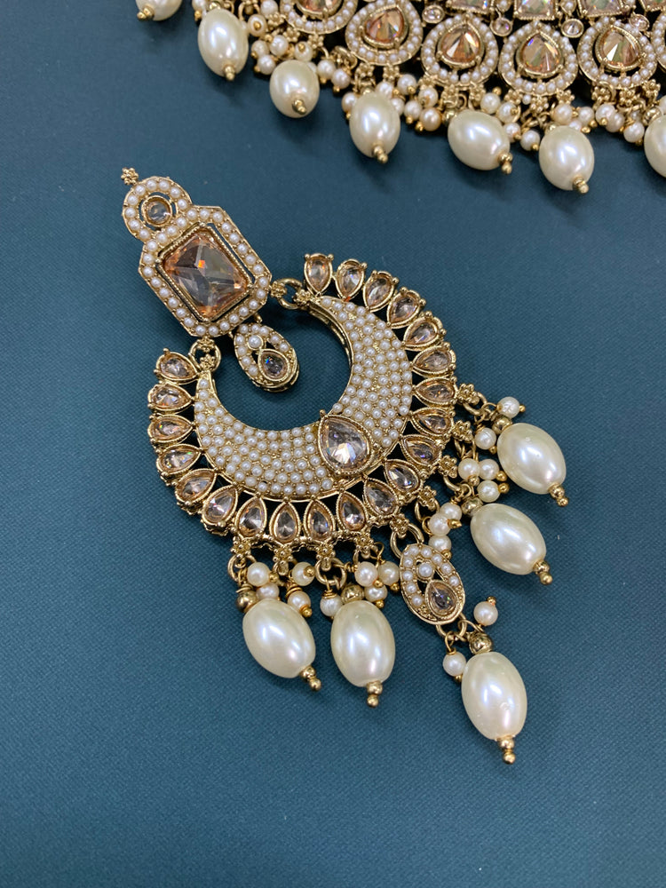 Reagan polki necklace set with matching Chandbali and tikka set gold/white/pearl