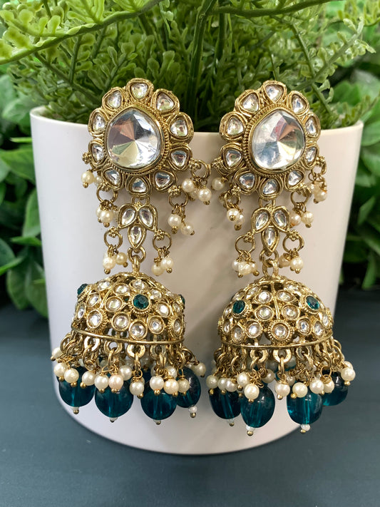 Mohini kundan jhumki/ jhumka earring teal green