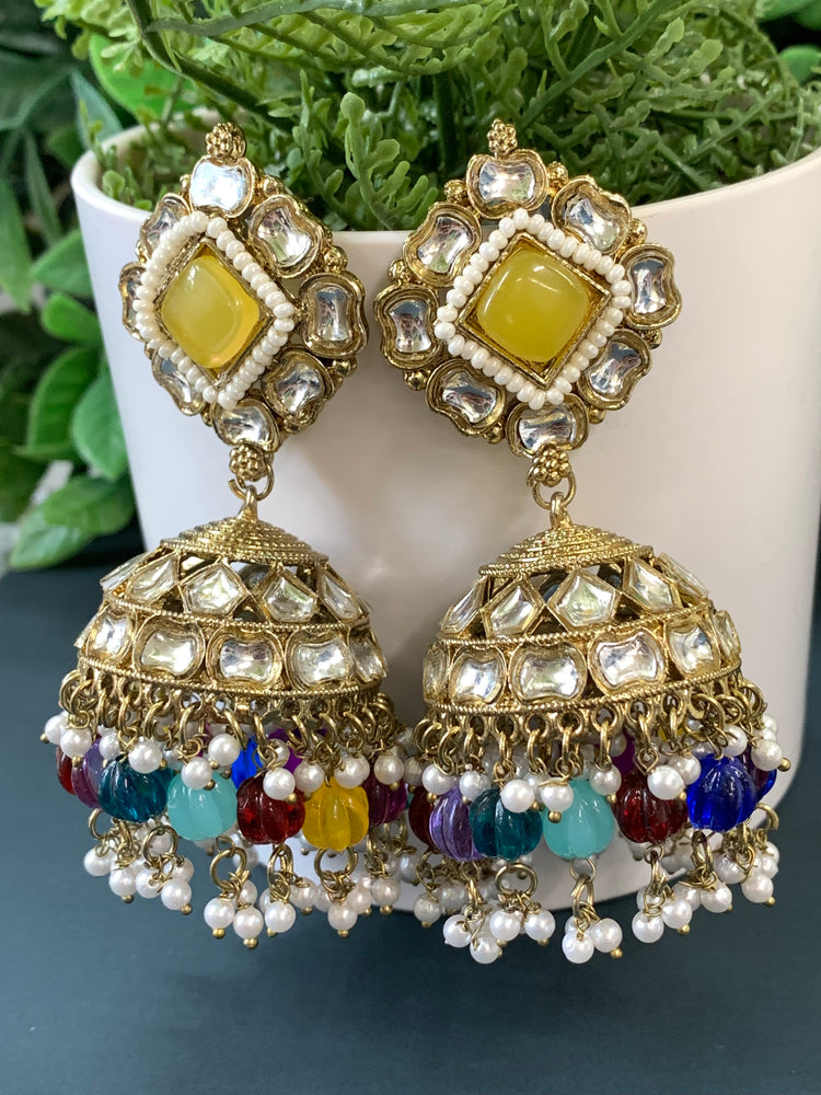 Gauri kundan jhumki/ jhumka earring pastel yellow / multi