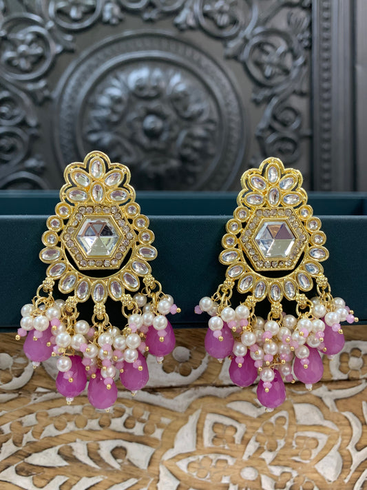 Jill gold kundan stud earring with crystal drops lavender / lilac