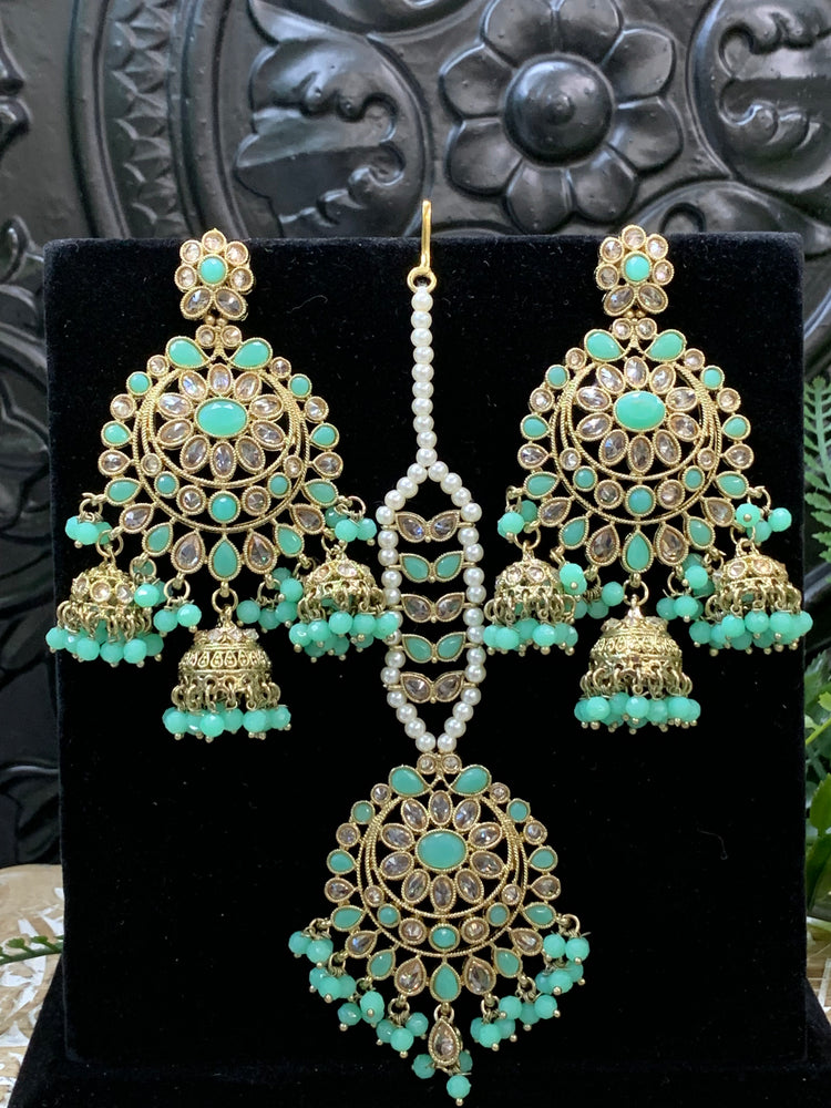 Kiana polki triple jhumki Chandbali style earring with matching tikka tea green