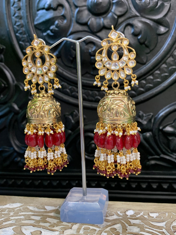 Bella moissanite kundan jhumki earring maroon red