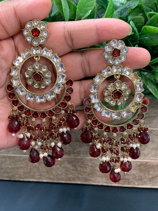 Barnavi Kundan earring red maroon burgundy crystal drops