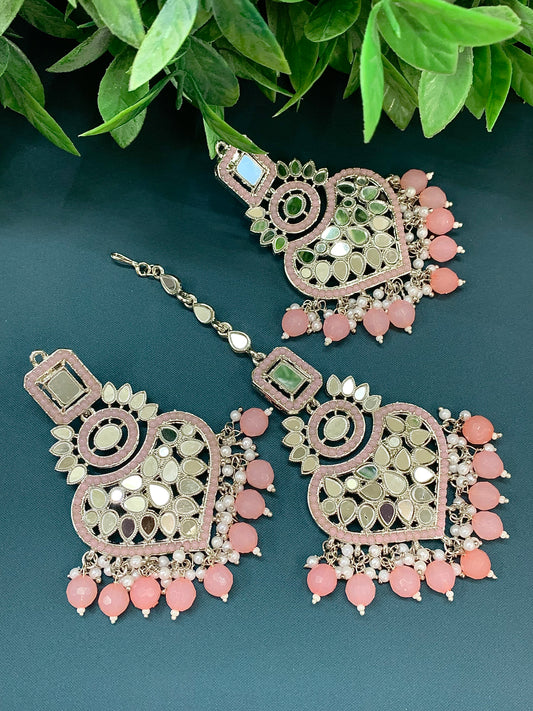 Amrita chandbali mirror earring tikka set blush pink