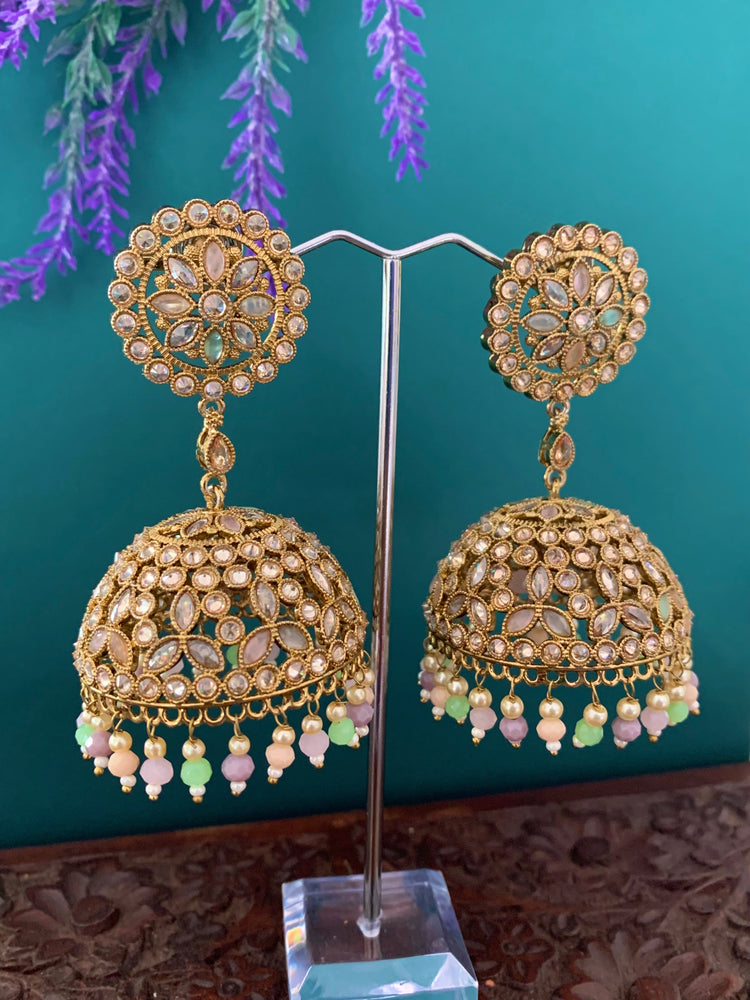 Rashi polki statement jhumki earring antique polki/ white pearl /pastel multi