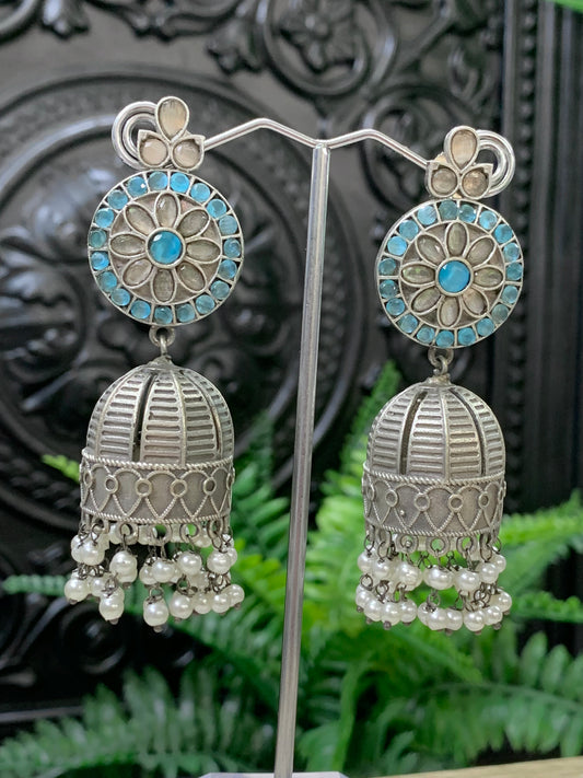 Sanaya oxi jhumki earring blue peach multi